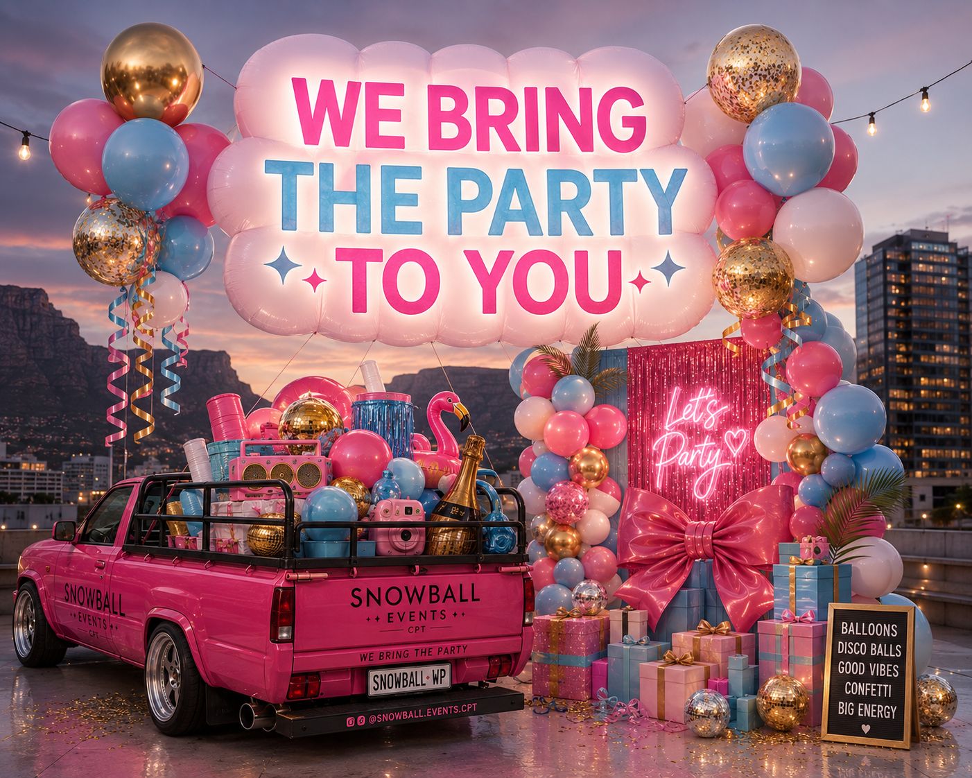 Snowball Events CPT — We bring the party to you, pink truck with balloons and party setup